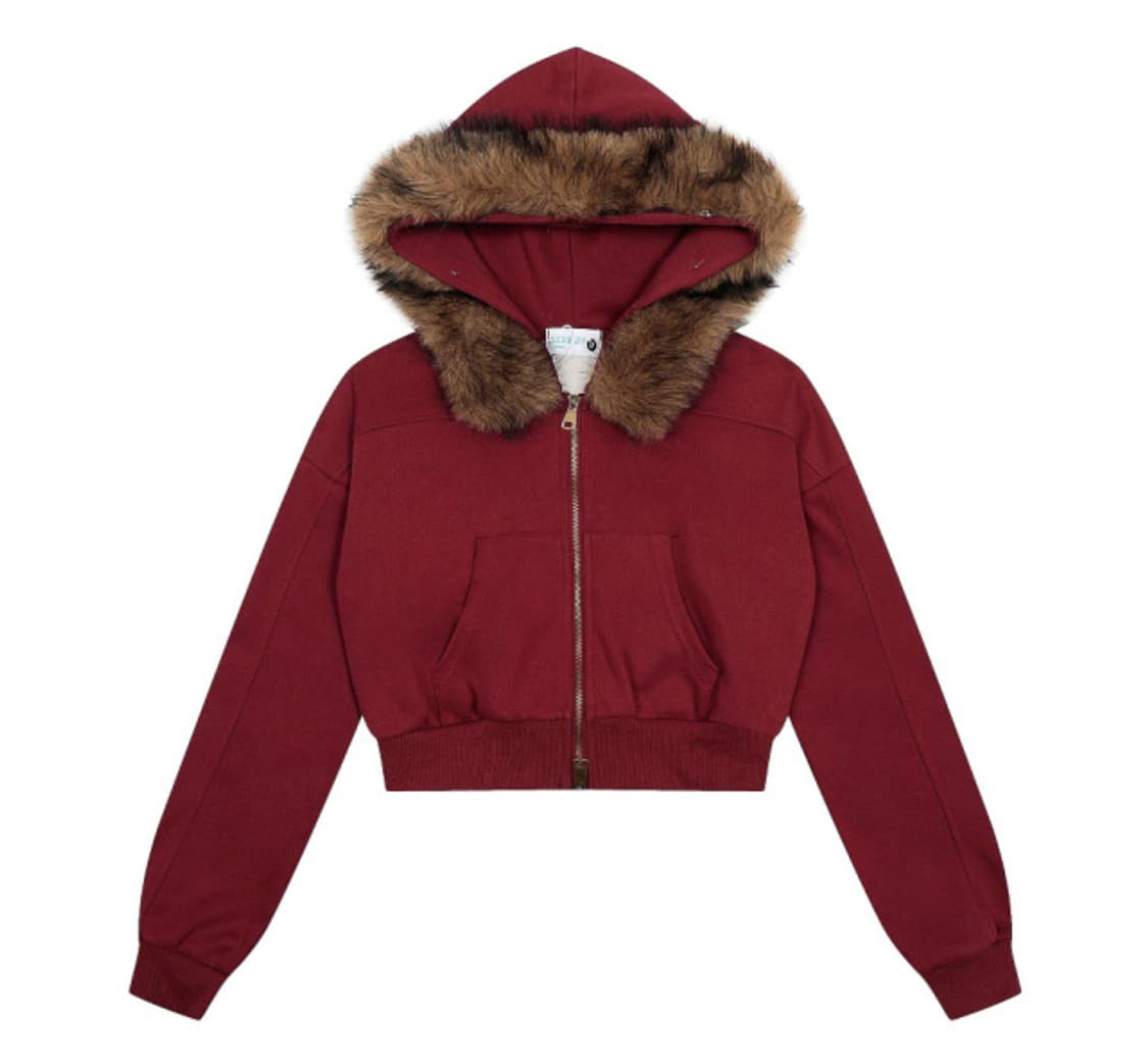 아사키프레자키 퍼 후드 집업 버건디 상품이미지1