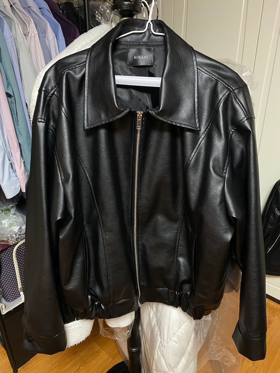 콜릿 - 빈티지 밴딩 오버핏 레더 가죽자켓 (블랙/free) 상품이미지1