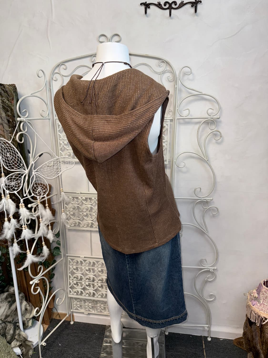 Brown glitter wrap button hood vest 상품이미지5