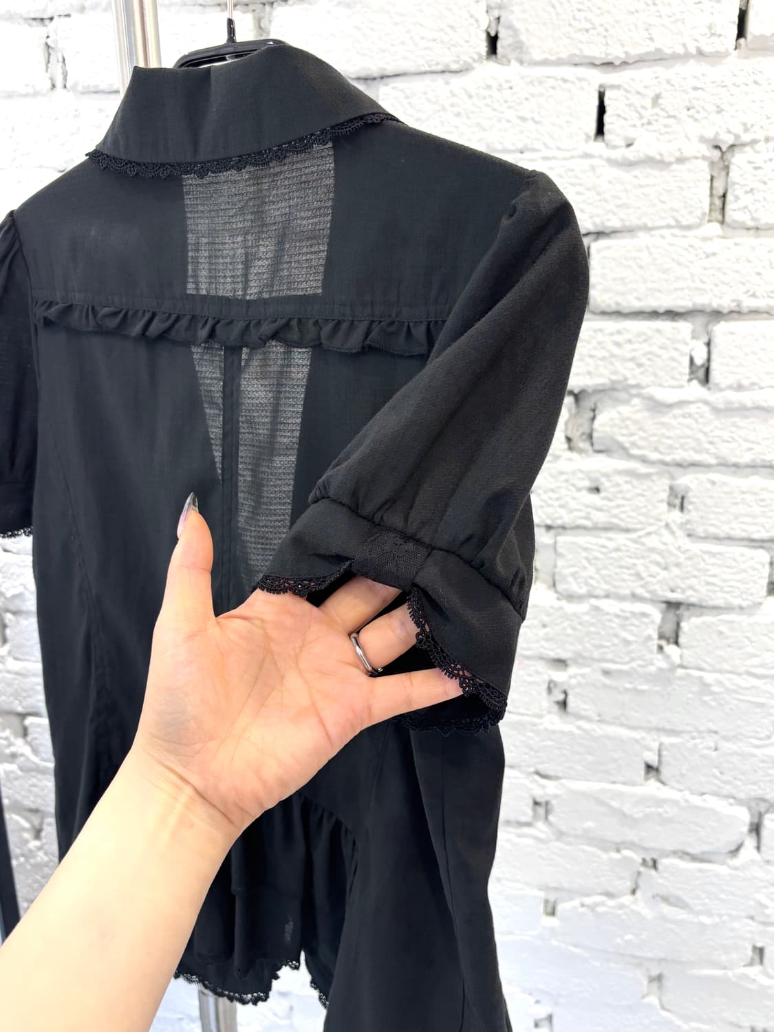 axes femme Lace Trim Puff Sleeve Blouse 상품이미지5