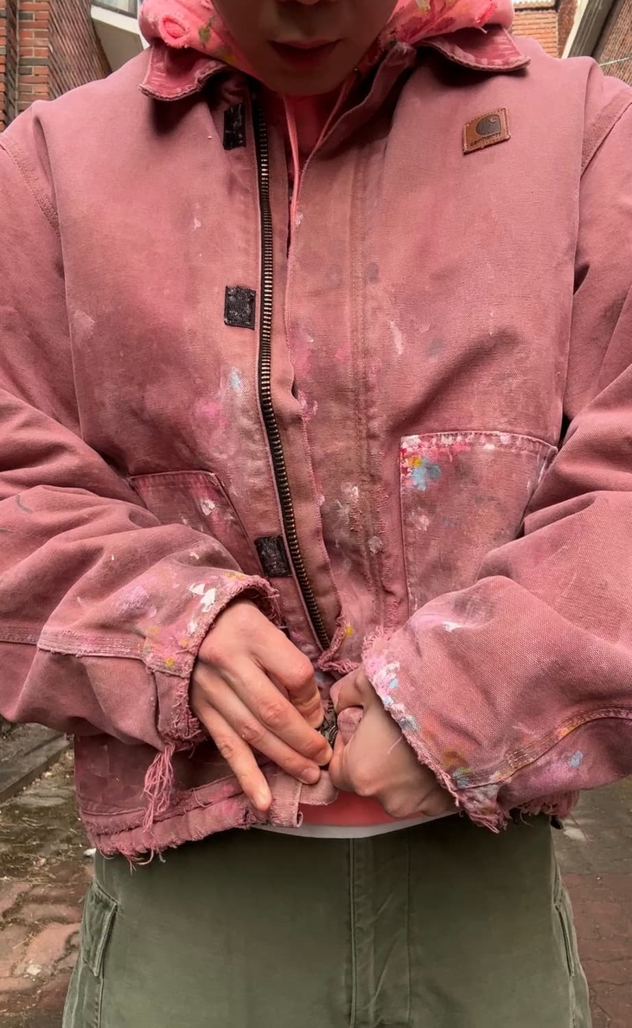 빈티지 칼하트 j22 디스트레스드 페인팅 핑크다잉 자켓 상품이미지5
