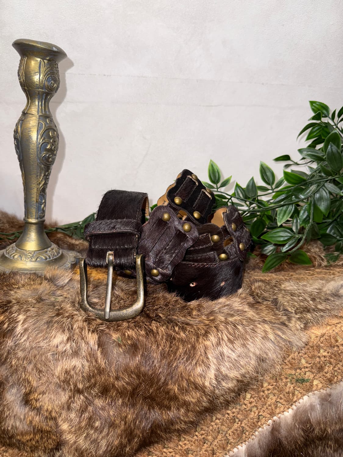 Dark brown calf fur stud buckle belt  상품이미지3