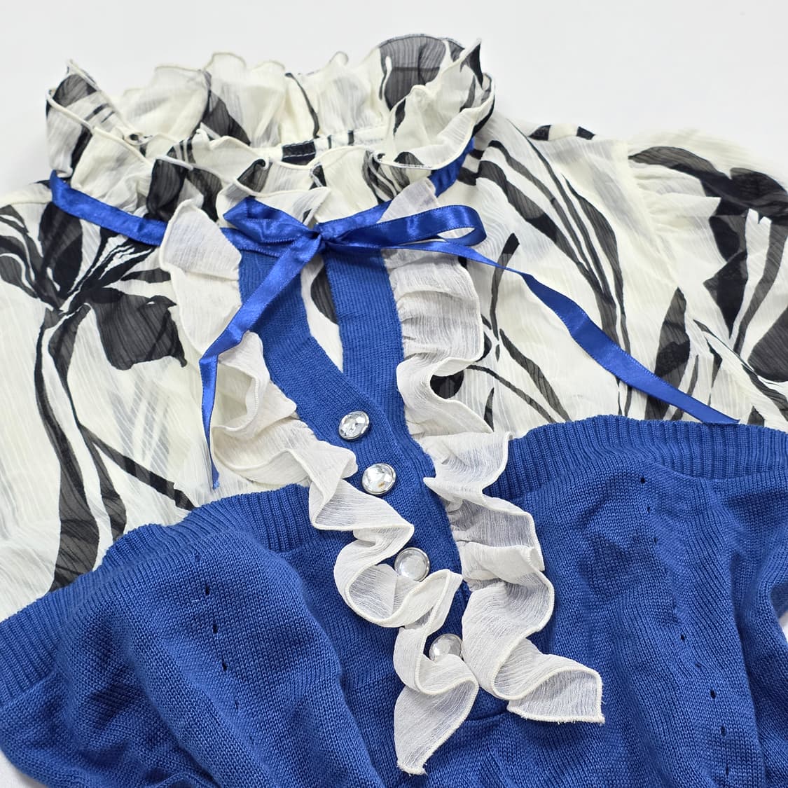 빈티지) 로맨틱 블루 모리걸st 보헤미안 리본 니트셔링 블라우스 상품이미지2