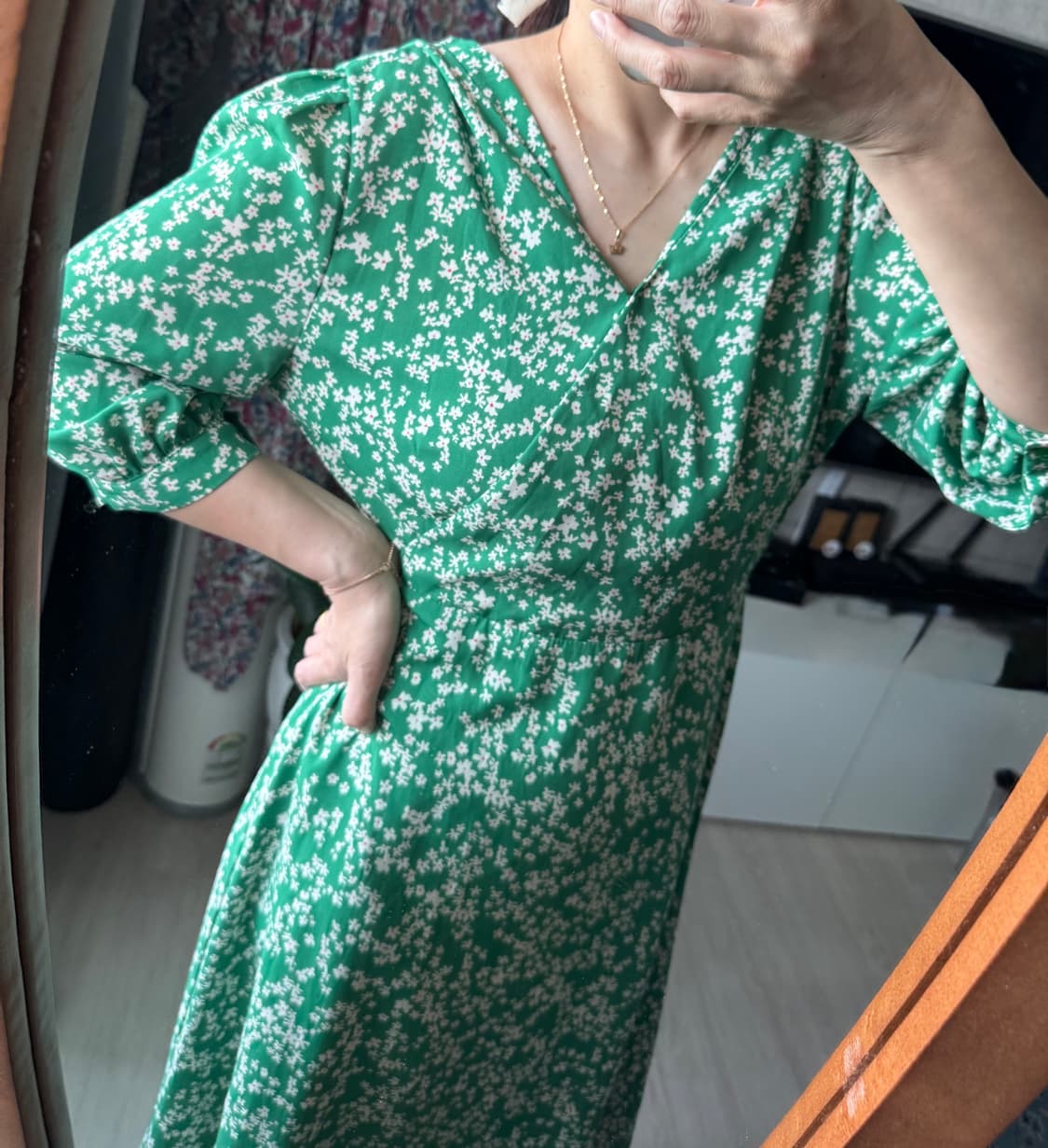 그린 플라워패턴 반팔 롱원피스 S 상품이미지10
