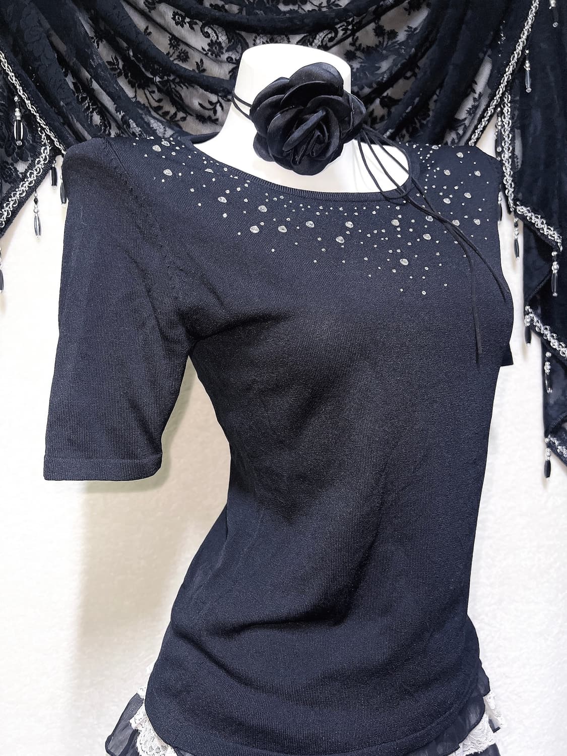 로맨틱고딕 오네갸루 블랙 큐빅 반팔 로걀탑 핀터 다크페어리 공겜 오리엔탈 상품이미지3