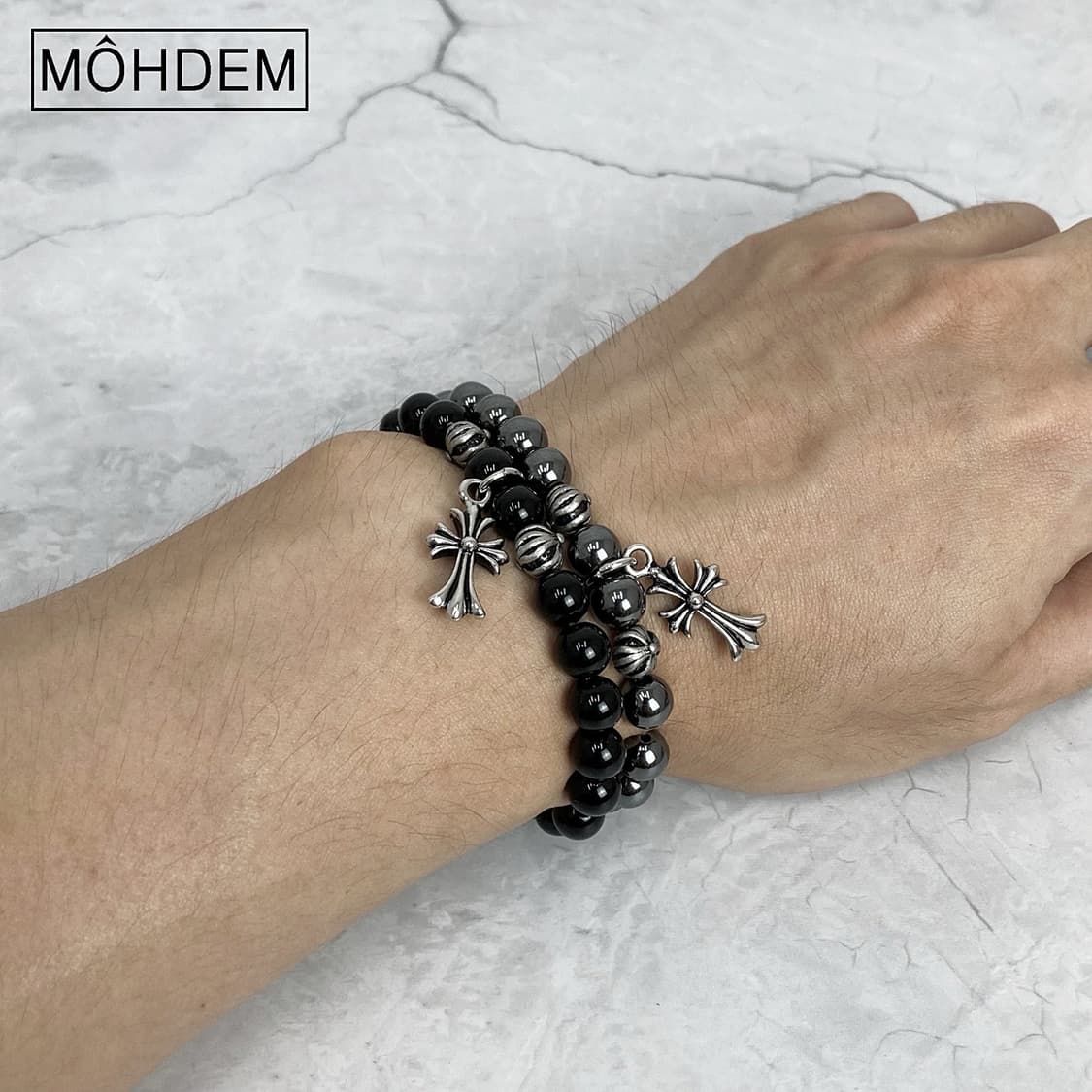 [Unisex] 크로스 원석 비즈 팔찌 블랙 상품이미지8