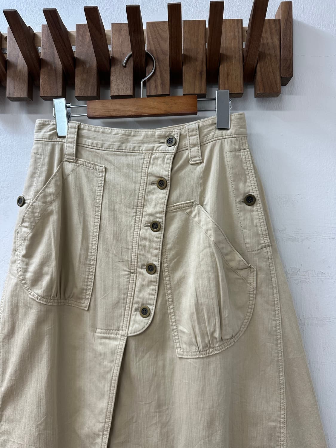 일본빈티지 베이지 버튼 코튼 혼방 A라인 미디 스커트  상품이미지2