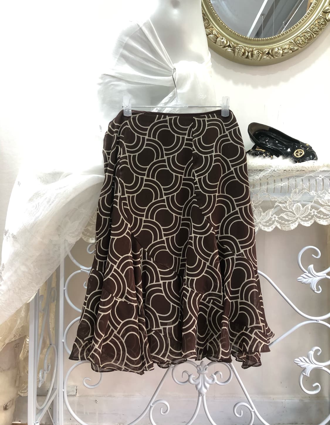 brown circle pattern frill midi skirt    상품이미지1