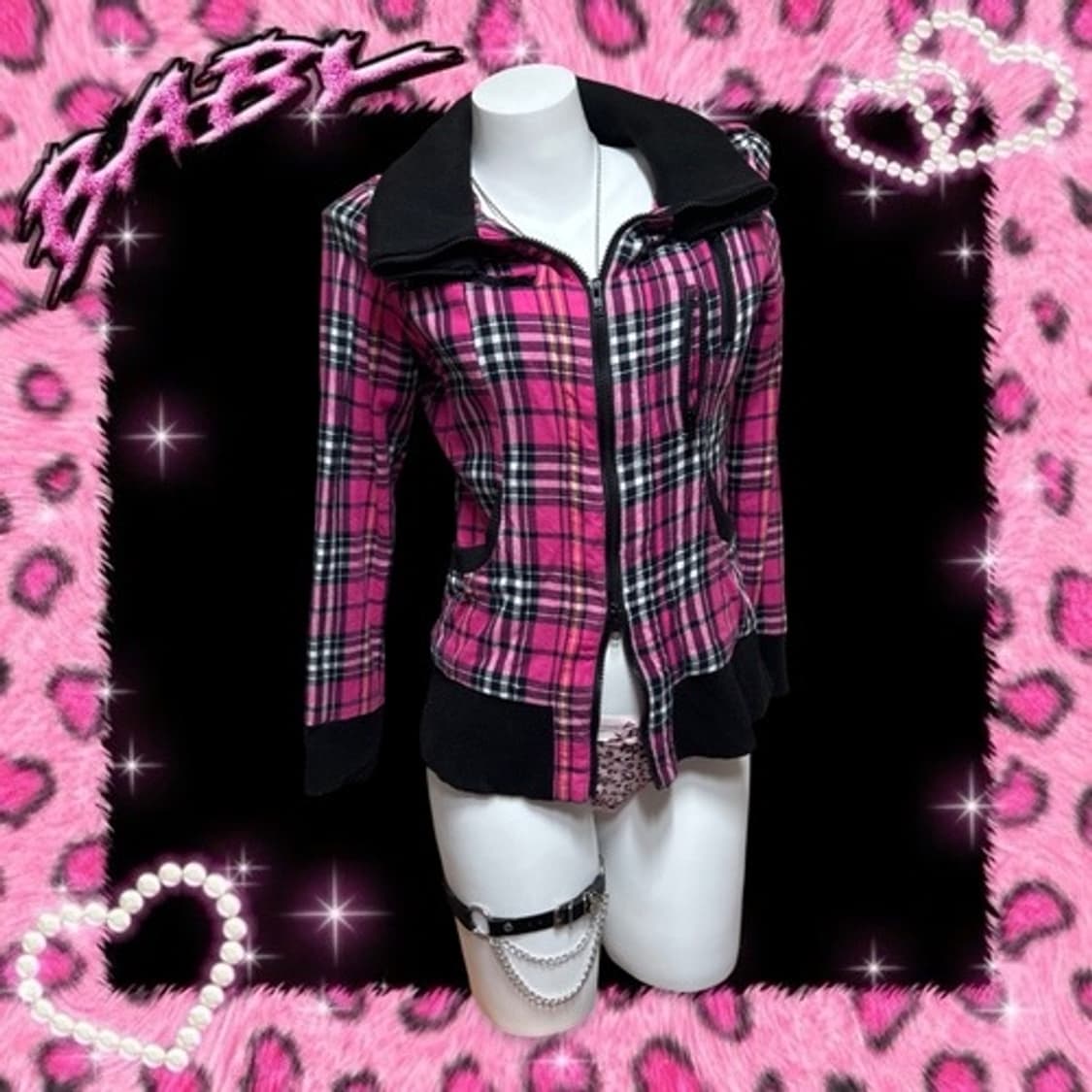 Tralala 핑크 체크 하이넥 투웨이 지퍼 집업 점퍼 캐캐체 상품이미지2