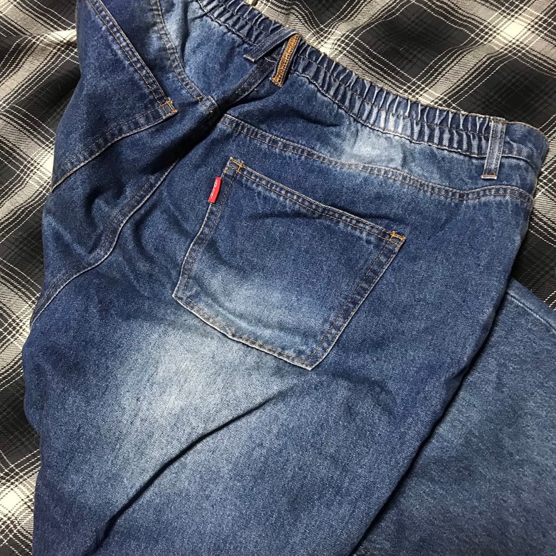 90s 재팬 슈퍼 와이드 더블니 워싱 디스트레드 중청 셀비지 데님 상품이미지6