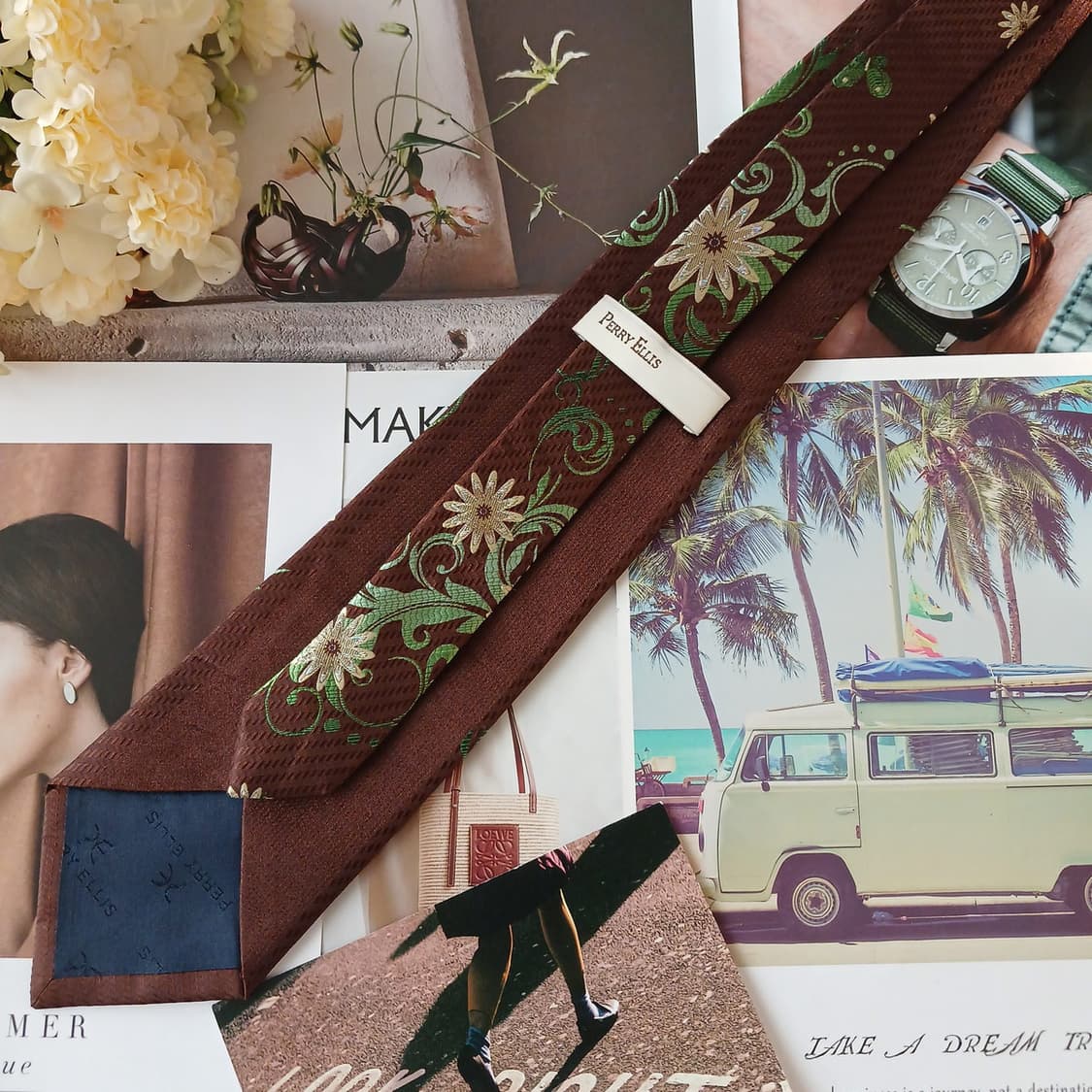 페리엘리스 실크 브라운 플라워 자수 넥타이 9.3cm A등급 A19254 상품이미지5