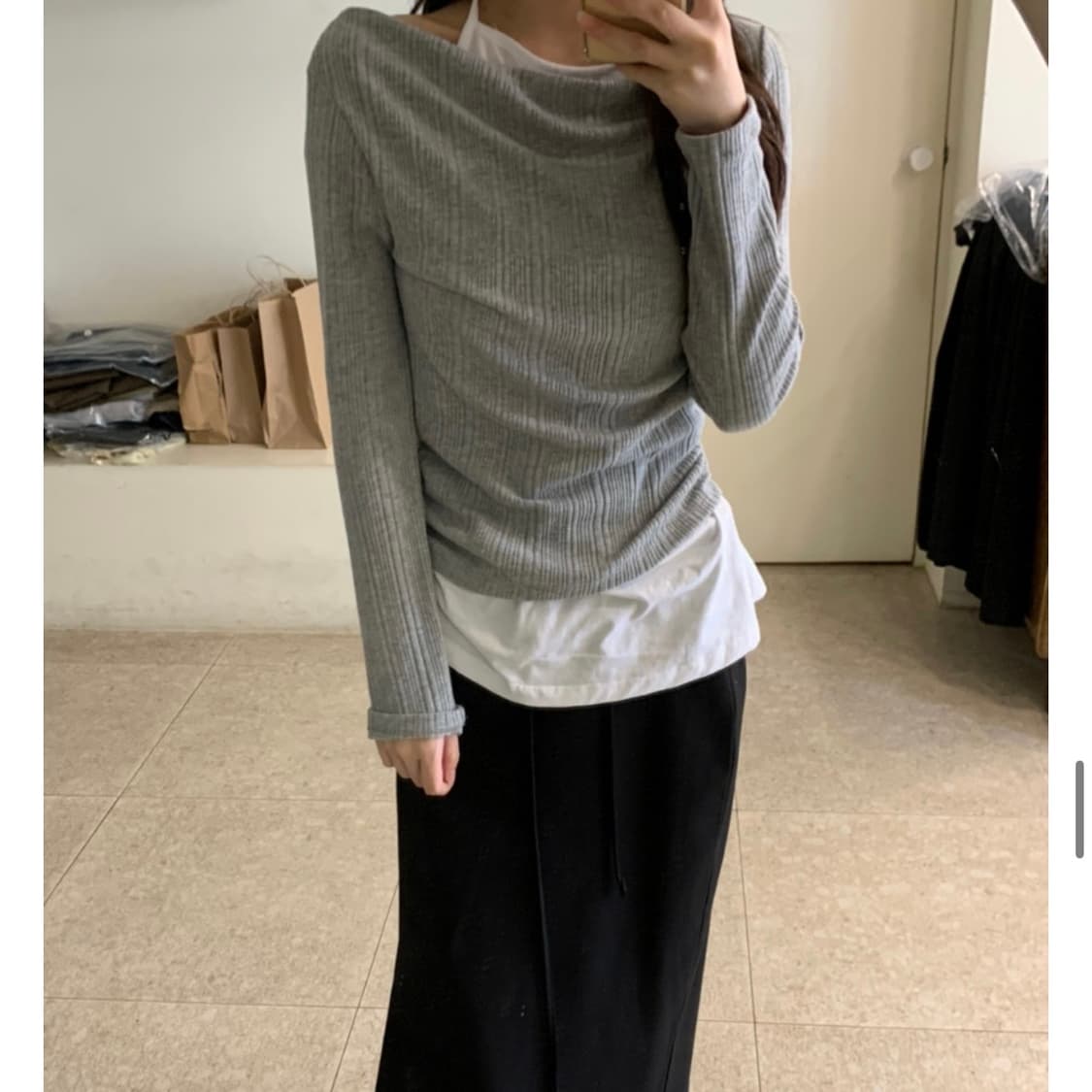 보세 오프 홀더 레이어드 니트 티셔츠 상품이미지1