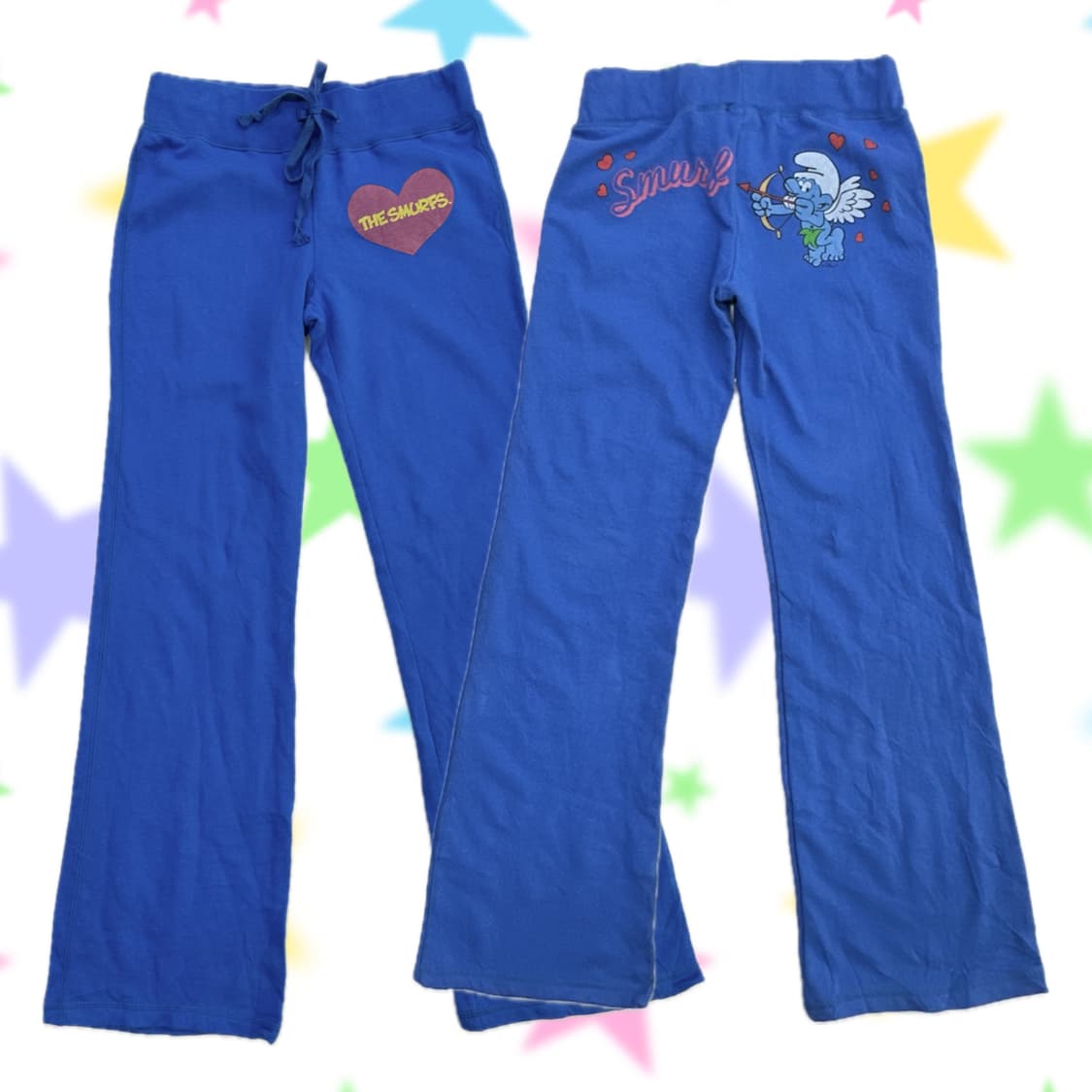 희귀매물 스머프 프린팅 로우라이즈 블루 와이드팬츠 트레이닝 데코라 갸루 상품이미지1