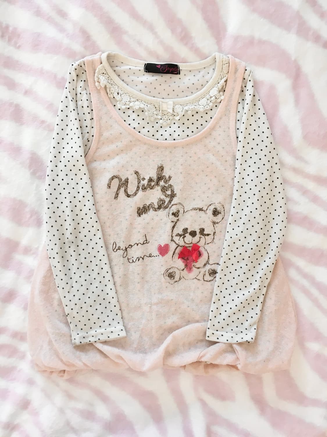 코지 베어 레터링 레이어드 도트 탑 라떼갸루 히메갸루 모리걸 로리타 상품이미지1