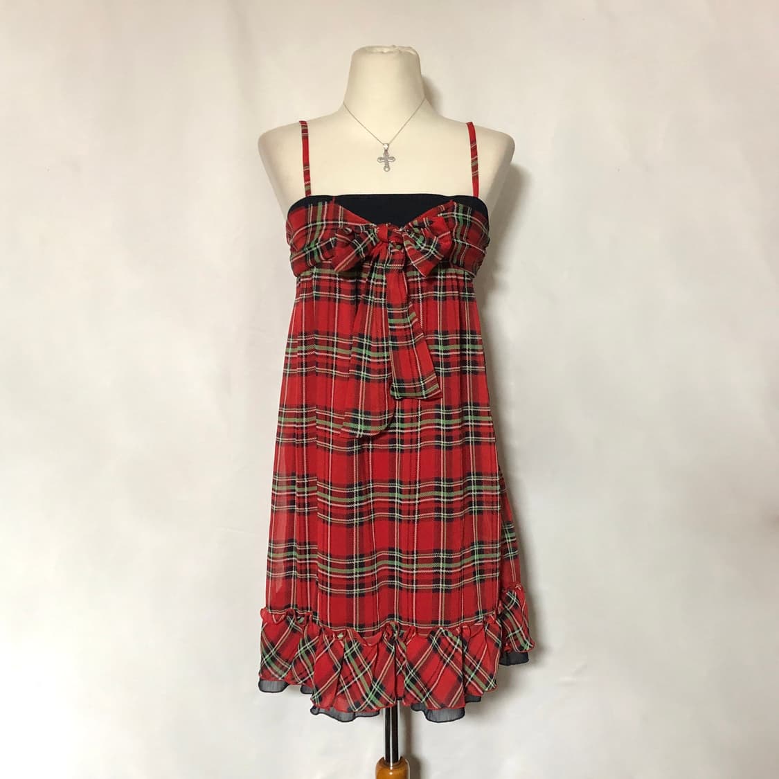 리본 체크 슬리브리스 원피스 레드 상품이미지3