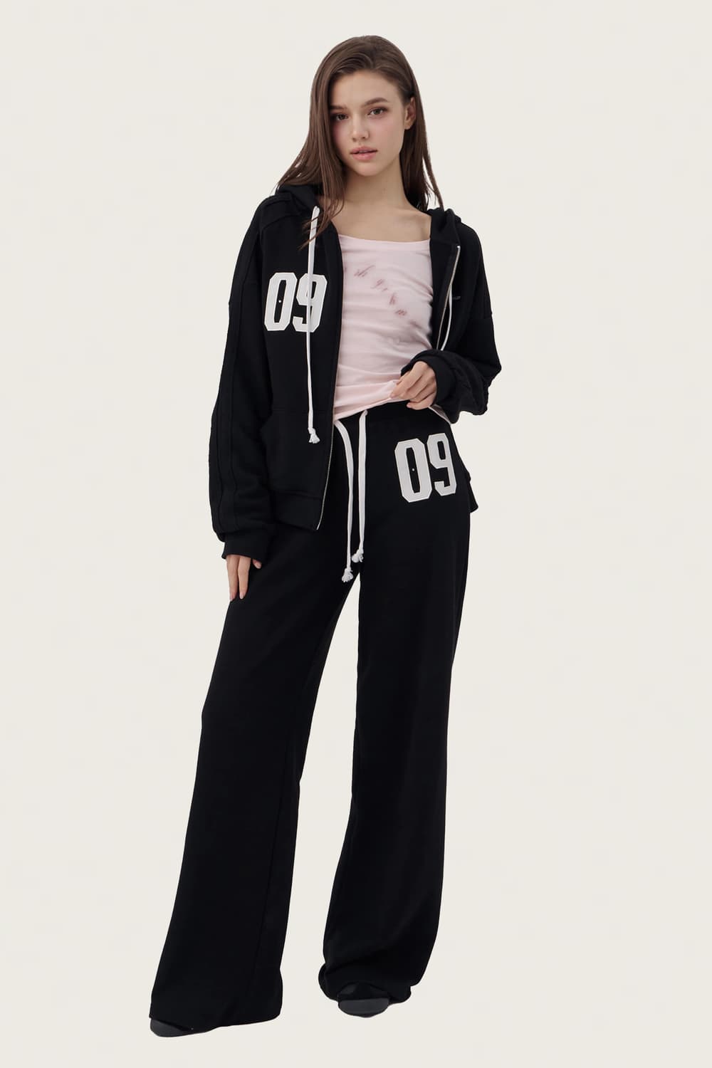 클리시어 09 셋업 집업 팬츠 블랙 세트 판매 넘버링 후드 스트레이트 상품이미지1