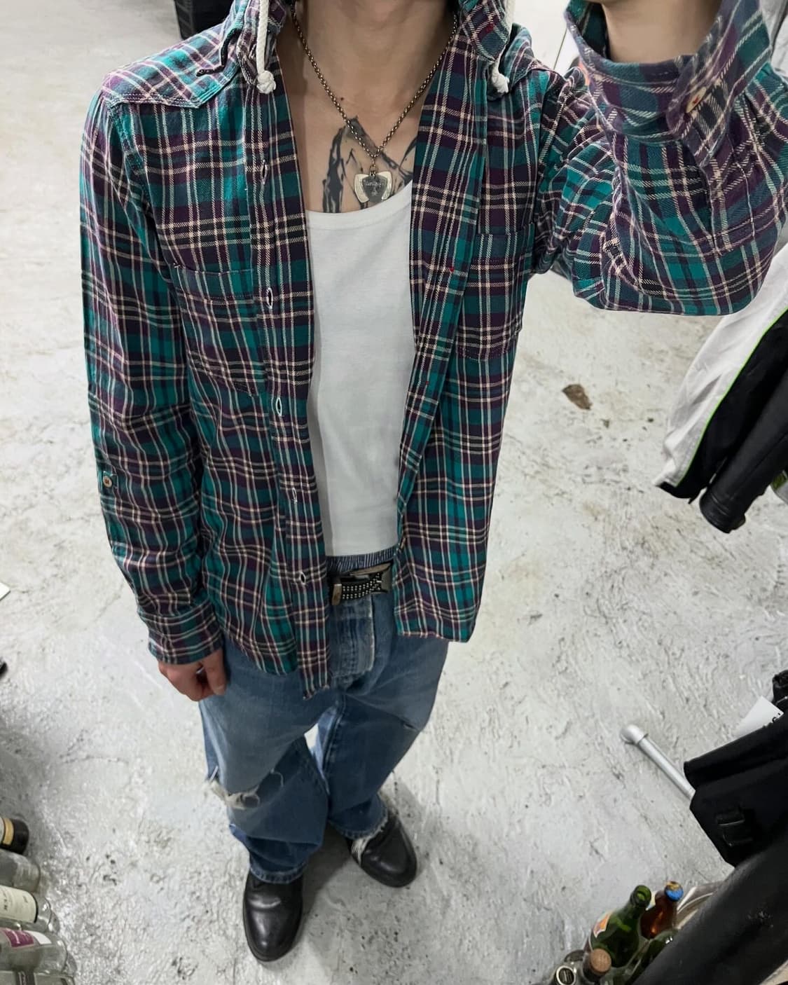 blauw hood check shirt 상품이미지1