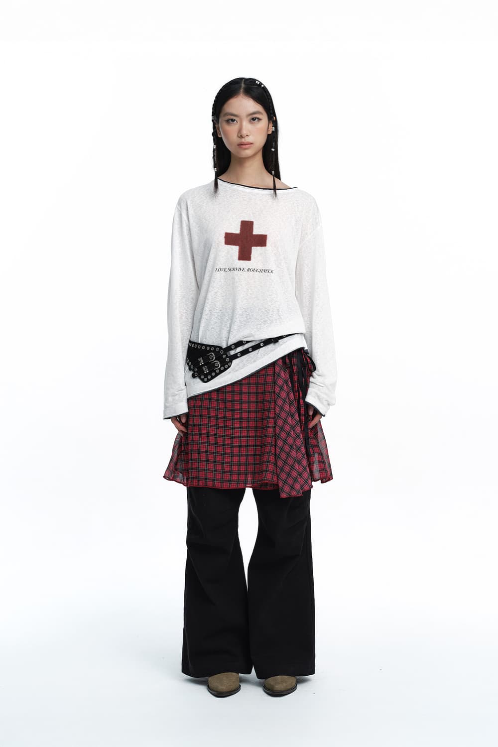 Roughneck  Unbalance Tie Skirt Red 상품이미지2