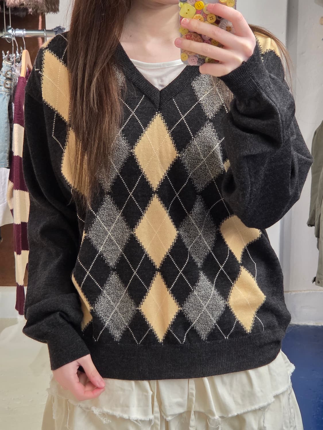 1990s Italy 글렌필드 아가일 브이넥 니트 상품이미지1