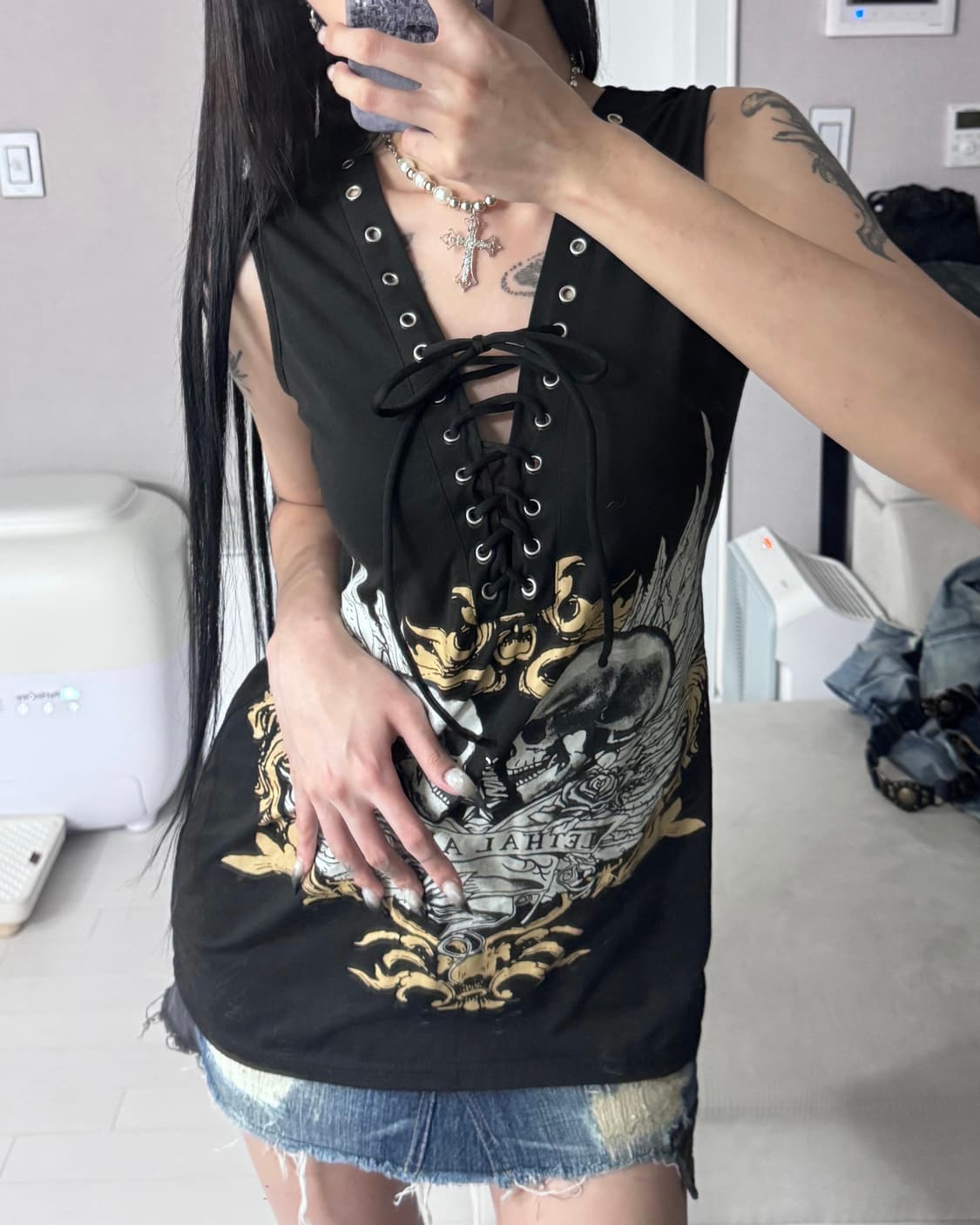 ༒ Skull print eyelet sleeveless 상품이미지3