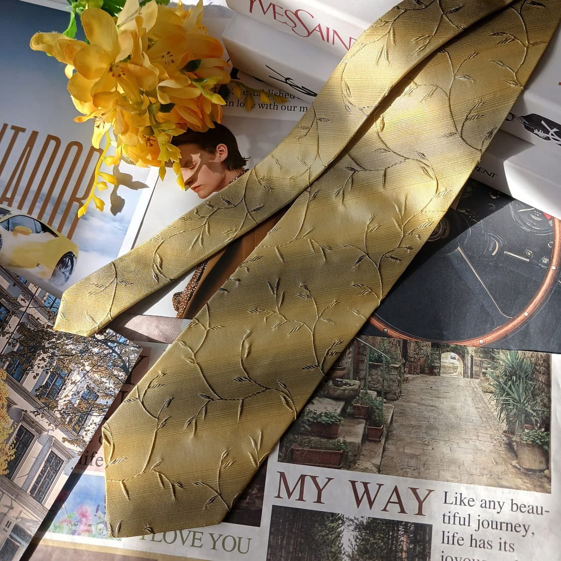 입생로랑 실크 머스타드 자카드 넥타이 9.4cm A+~A등급 A19673 상품이미지3