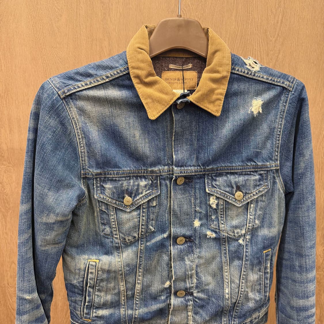 데님 앤 서플라이 데님 자켓 코듀로이 카라 디스트로이드 워싱 디테일 블루 상품이미지4