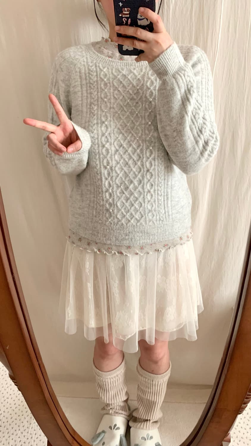 natural beauty basic 연그레이 진주 케이블 니트 상품이미지6