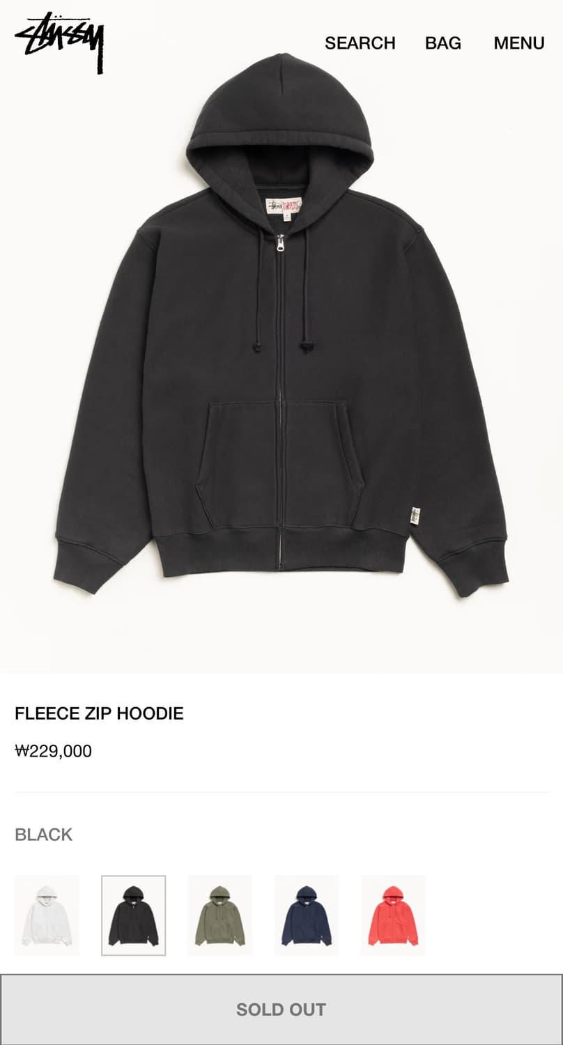 스투시 stussy FLEECE ZIP HOODIE 상품이미지1
