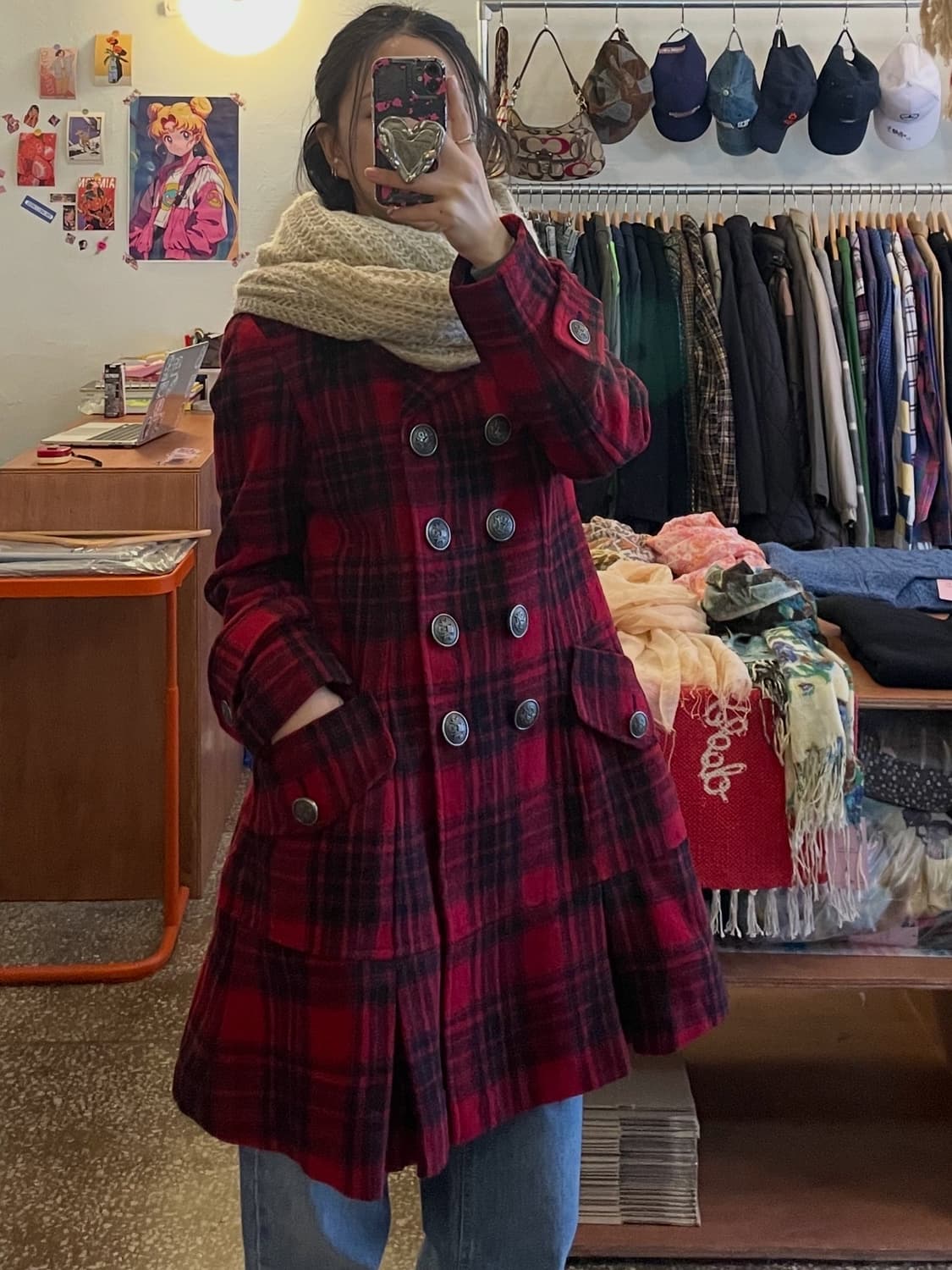 레드 체크 A라인 핀턱 코트 [무배] 상품이미지3