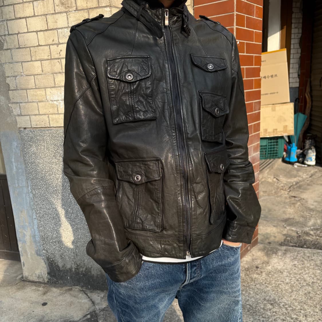 빈티지 다크올리브 카프레더 바이커 자켓 상품이미지2