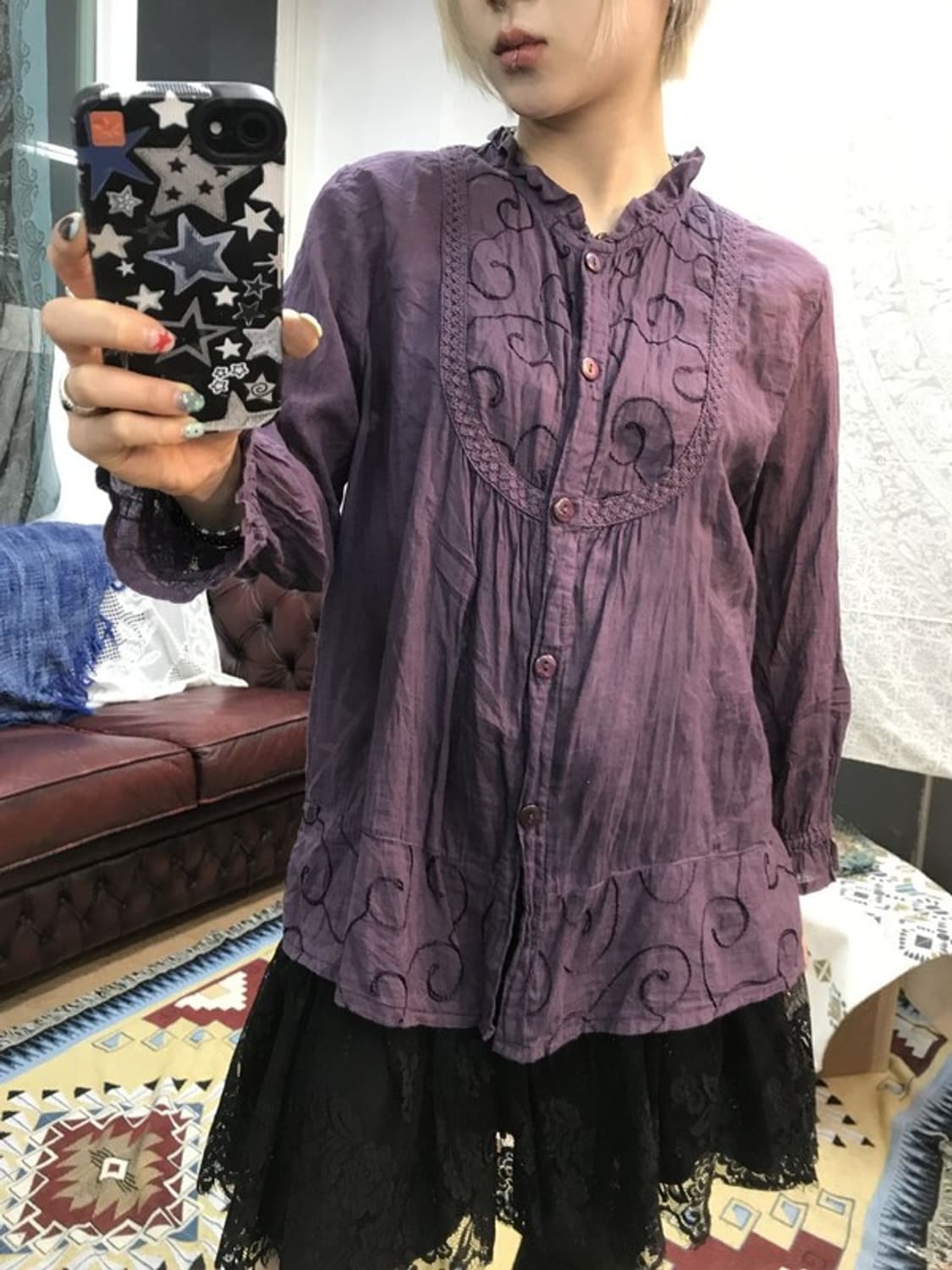 제페니즈 빈티지 여성 패턴 퍼플 7부 블라우스 상품이미지2