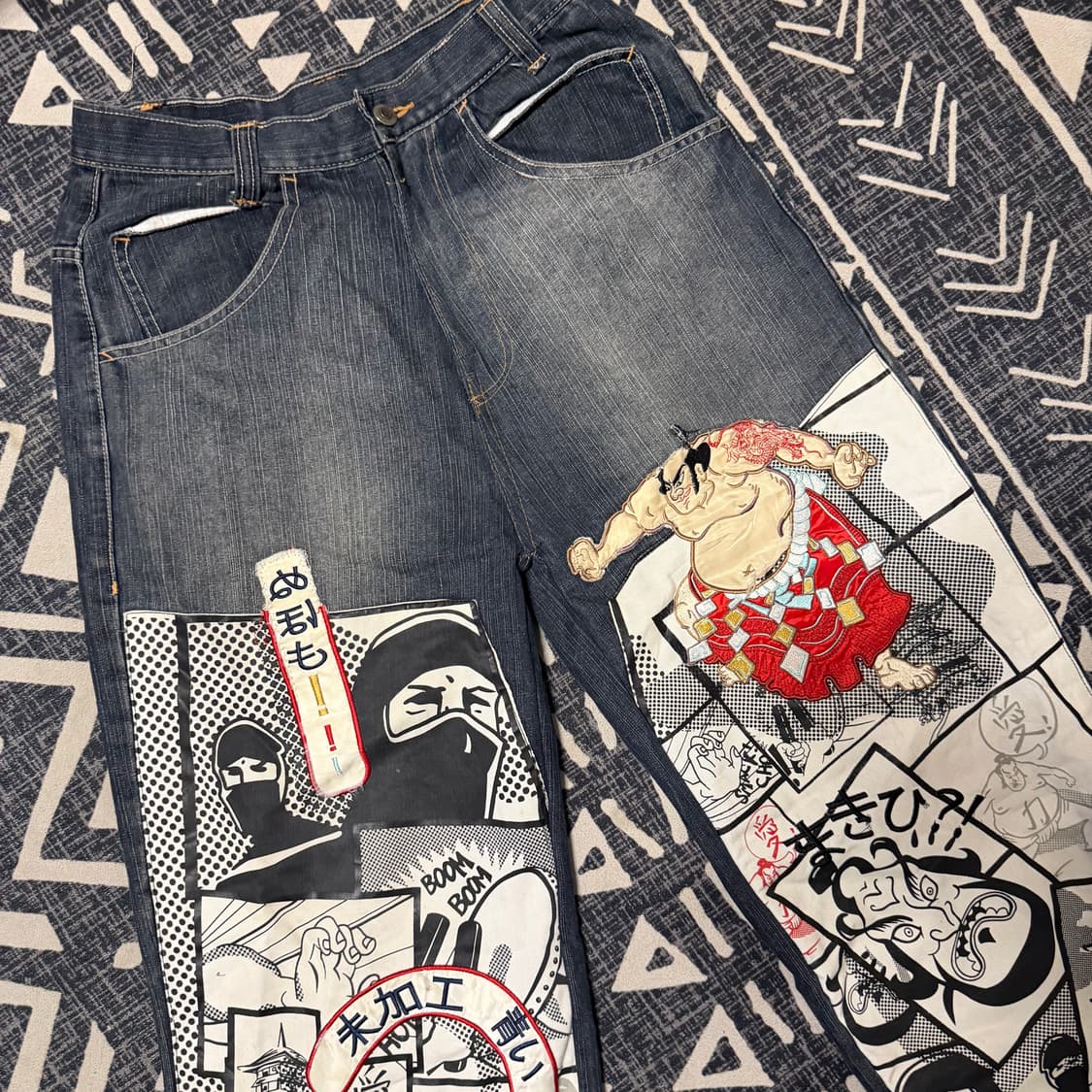 오리엔탈 카툰 패치워크 데님 팬츠 상품이미지2