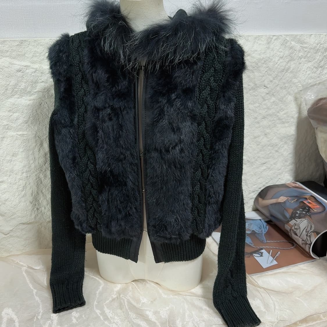 빈티지 어두운 녹색 꽈배기 폭스퍼 후드집업  토끼털 니트자켓 상품이미지2