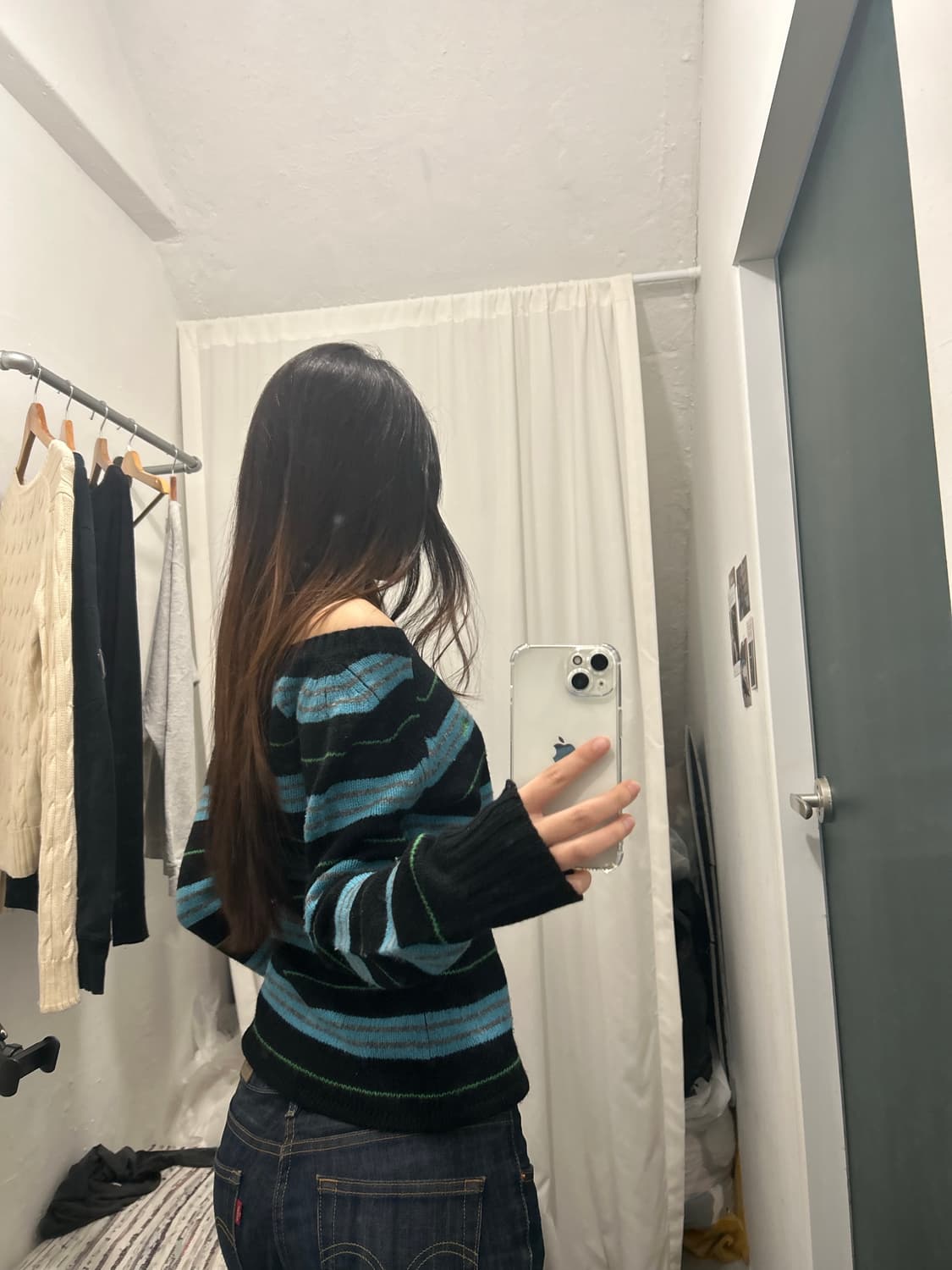 버버리 블루라벨 오프숄더 니트 스웨터 스트라이프 y2k 상품이미지4