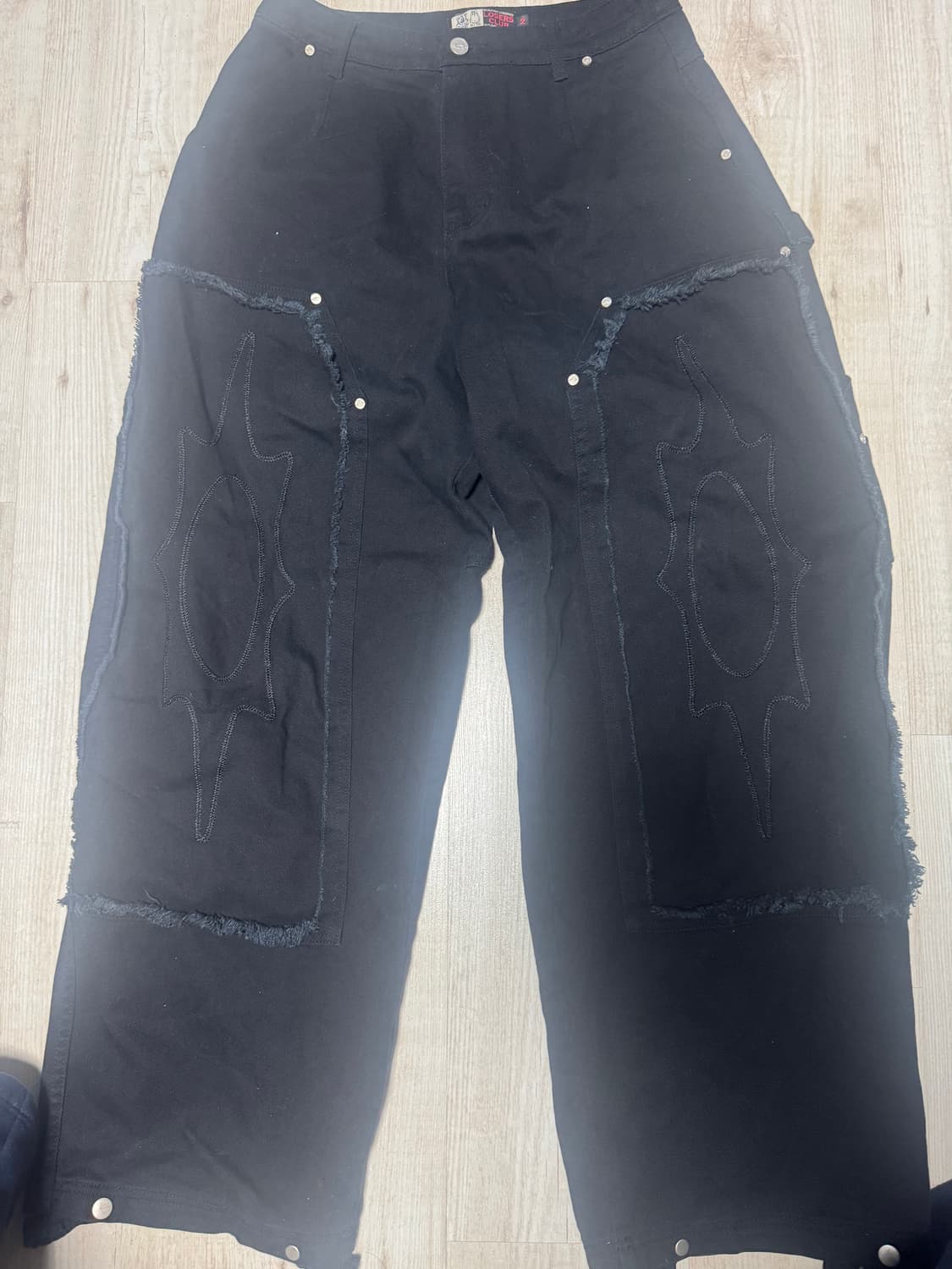 더블니 데미지 카펜터 와이드 면팬츠 블랙 상품이미지3