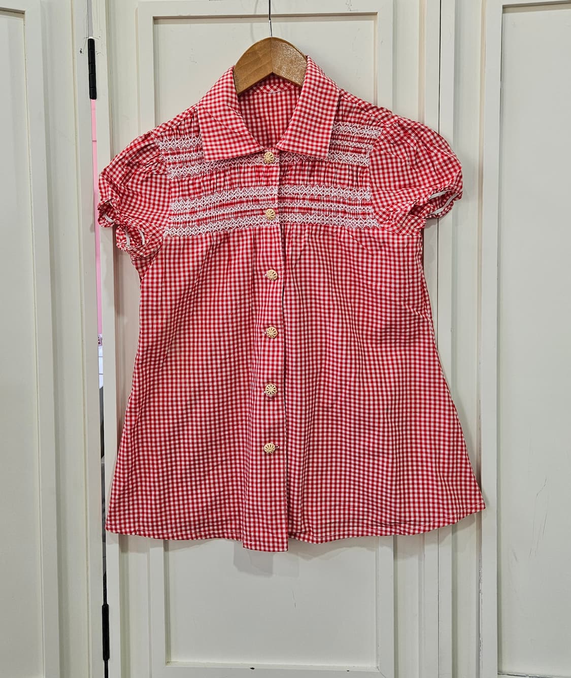 레드 체크 깅엄 반팔 블라우스 상품이미지1