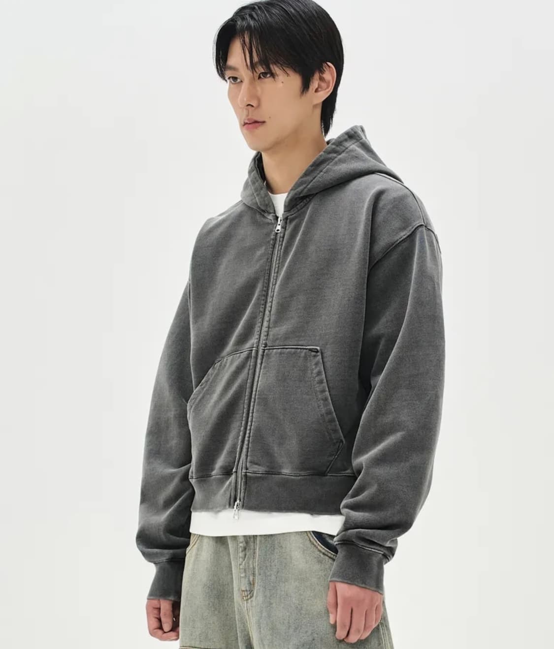S사이즈)980G 크롭 피그먼트 후디 집업-차콜- 상품이미지1