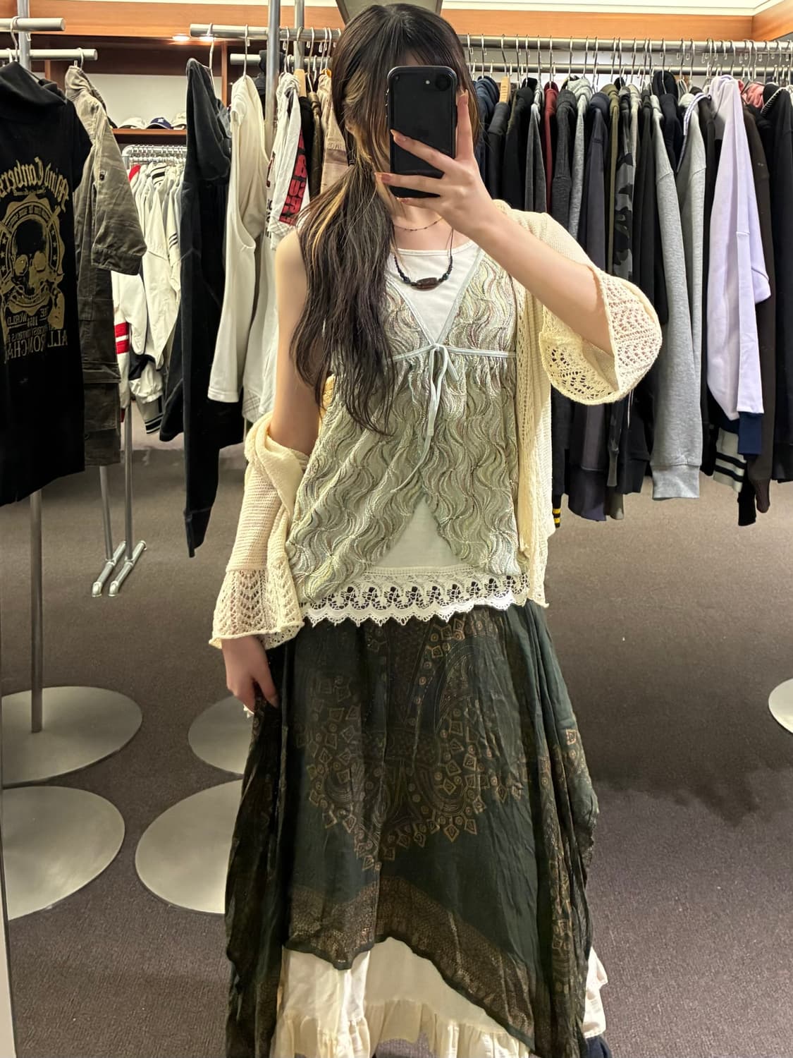 OS)Japanese vintage 여성 에스닉 언밸런스 미디 스커트 상품이미지8