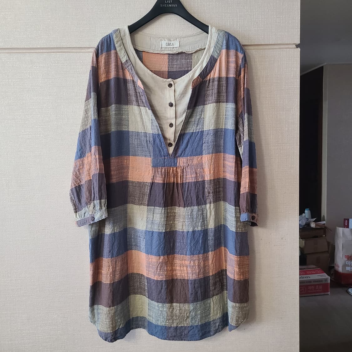 일본 빈티지 레이어드 체크 5부 블라우스 원피스 티셔츠 모리걸 단추 상품이미지1