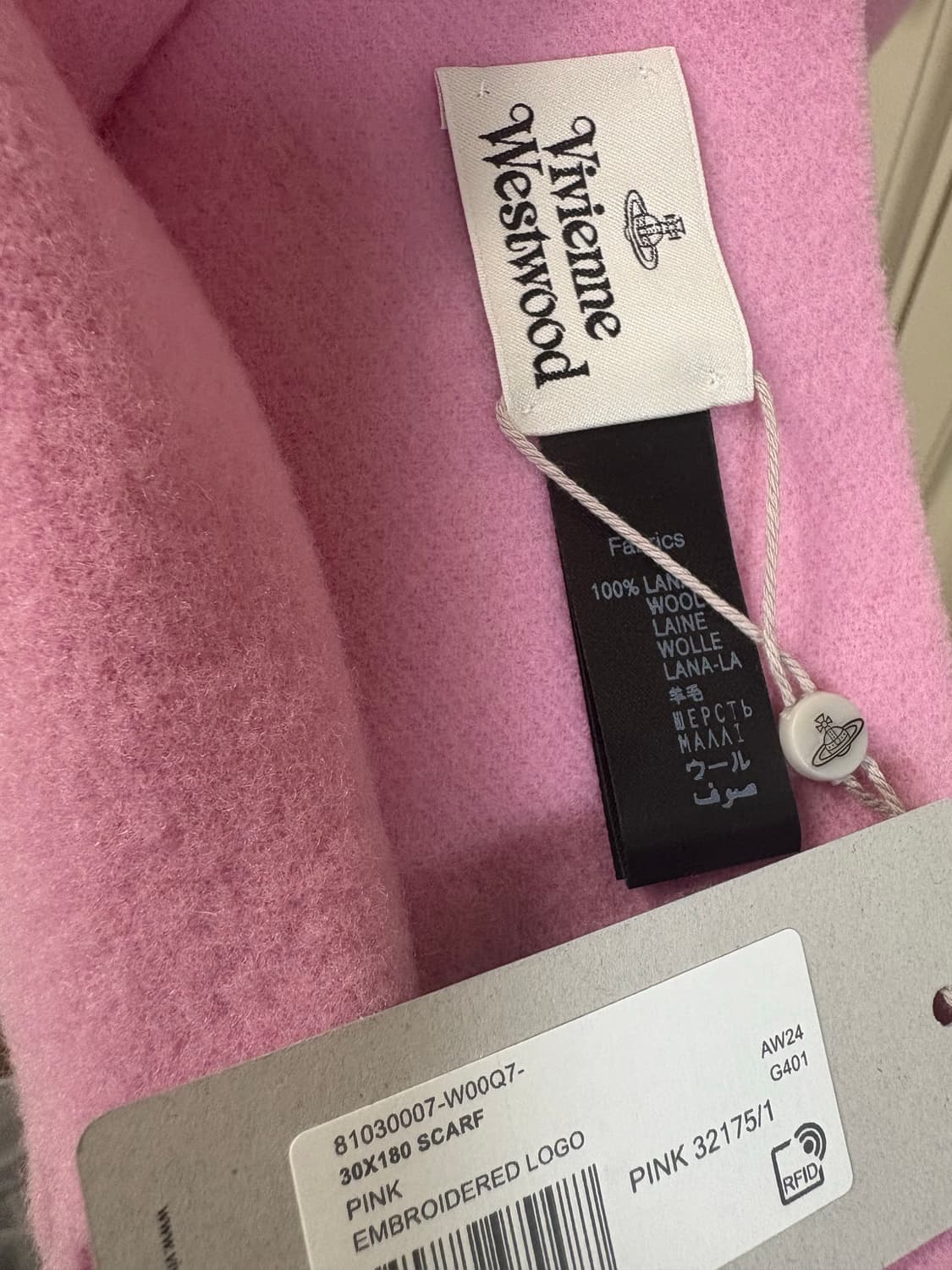 (새상품) 비비안웨스트우드 로고 자수 울 머플러 핑크 상품이미지4