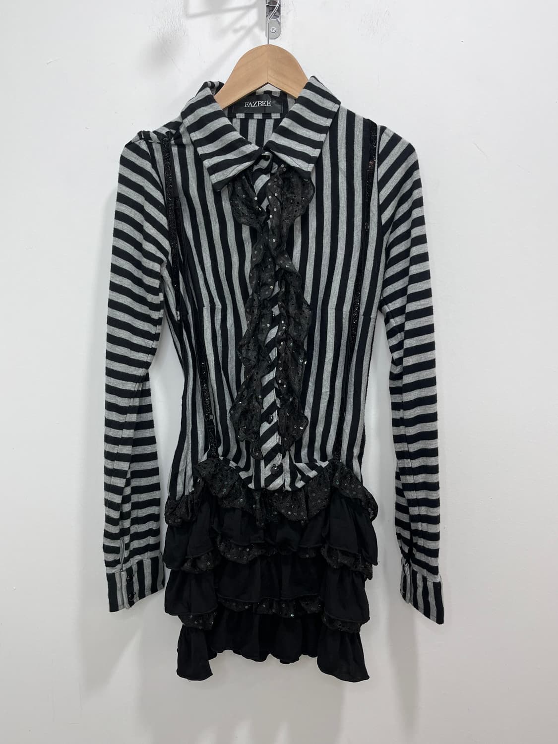 FAZBEE 갸루 로리타 스트라이프 프릴 레이어드 티셔츠 상품이미지2