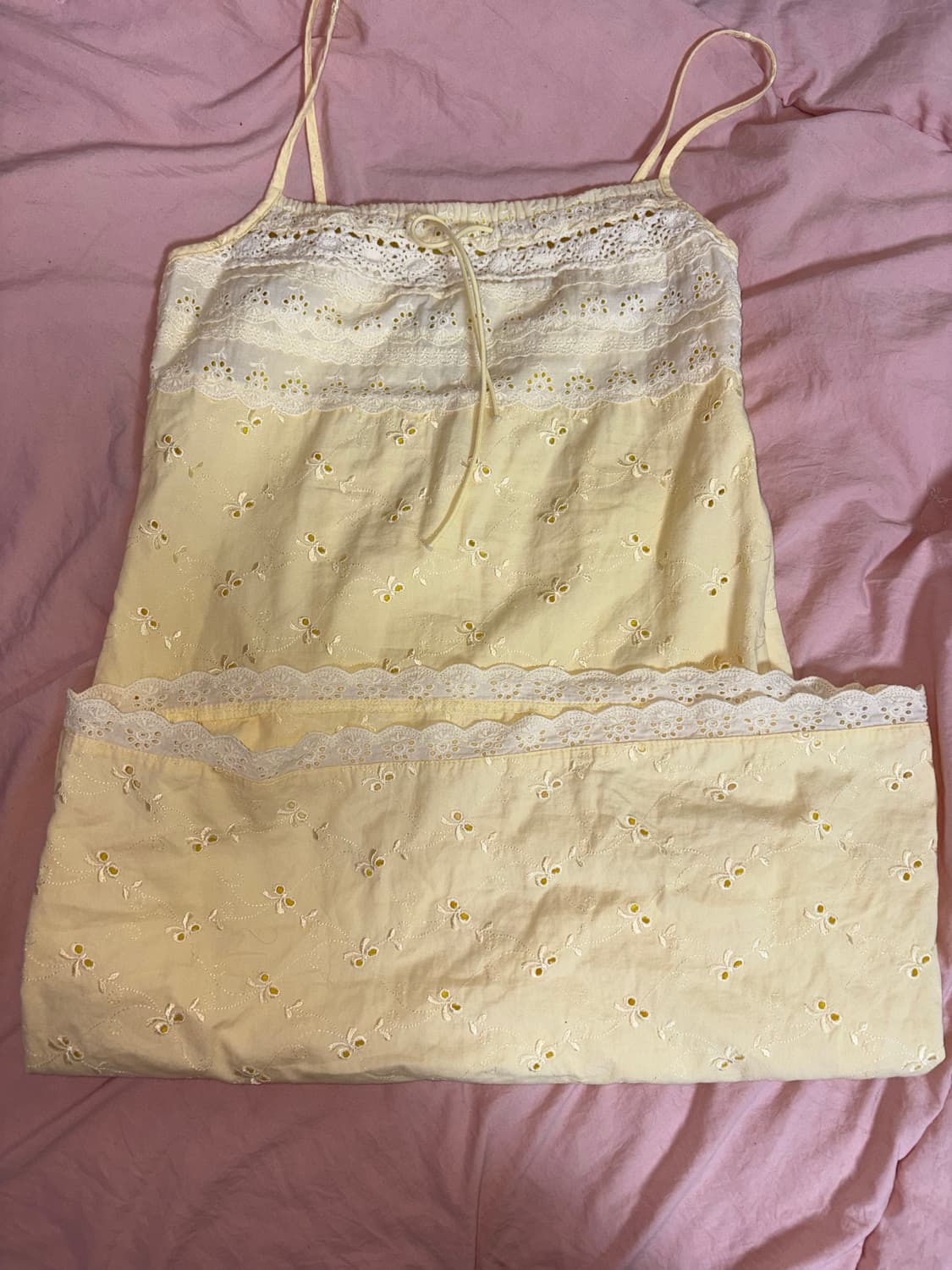 일본 빈티지 연노랑 펀칭 리본 자수 레이스 끈원피스 상품이미지1