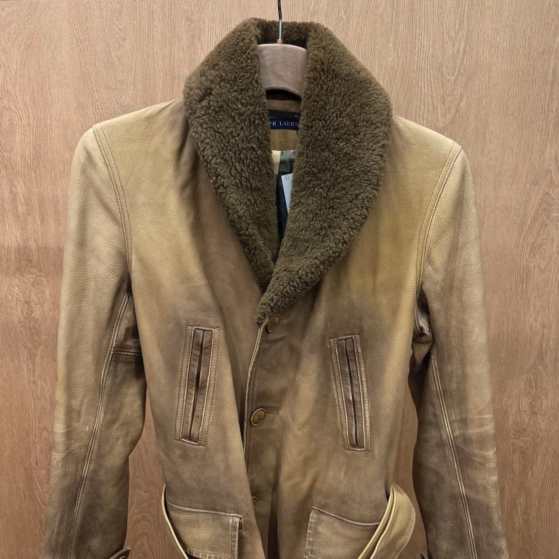 랄프로렌 디어스킨 레더 하프 코트 시어링 퍼 숄 카라 벨트 디테일 브라운 상품이미지4