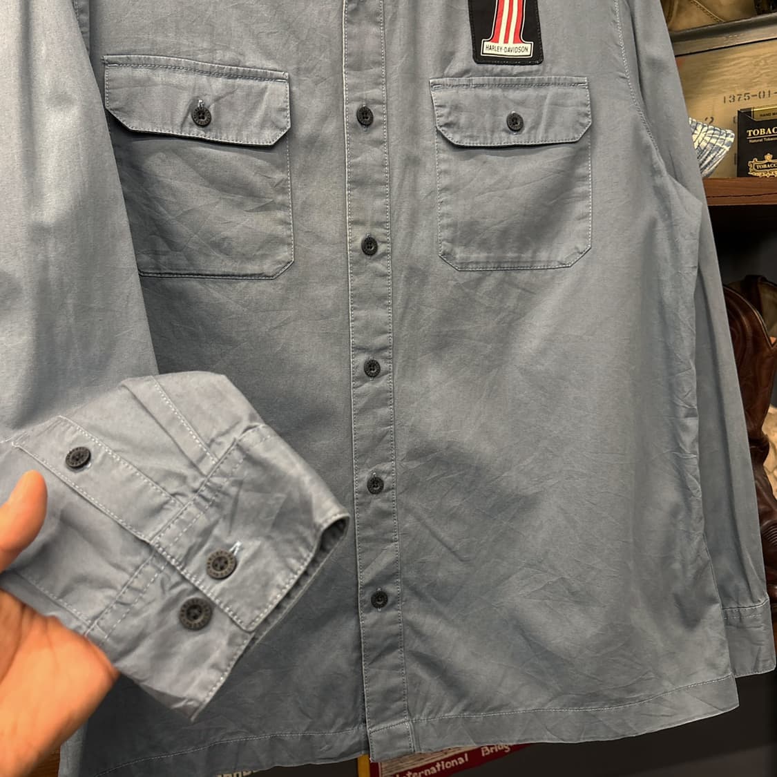 00s 할리데이비슨 모터사이클 레터링 원패치 코튼 워크셔츠 N198 상품이미지4