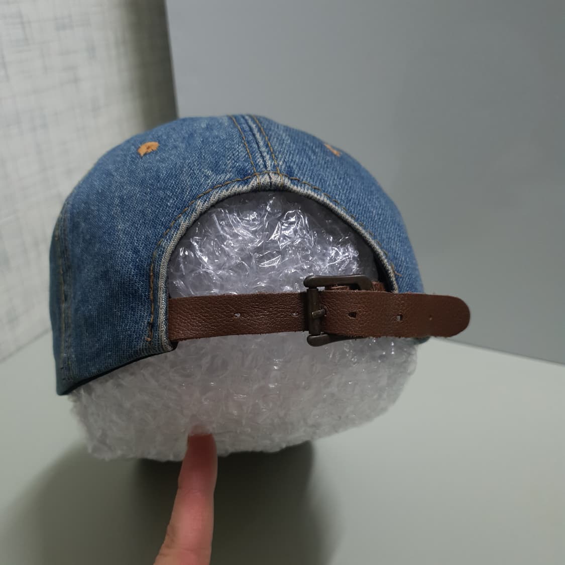 본더치 그런지 데님 중청 워싱 레더 스트랩 볼캡 모자 Y2K 상품이미지5
