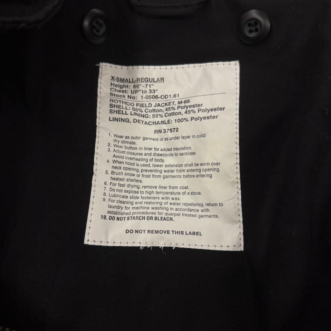 (정품/xs) ROTHCO M-65 필드자켓 블랙  REG / 미군 복각 상품이미지6