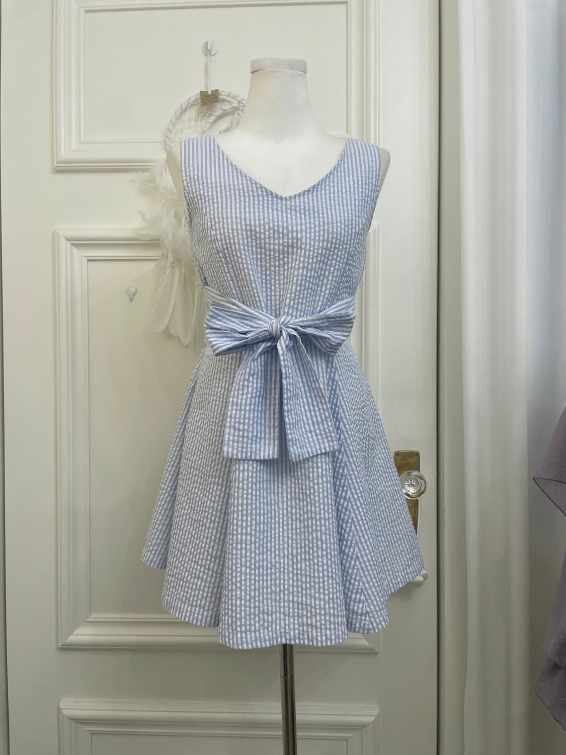 sky blue stripe lovely bow point flare o 상품이미지9
