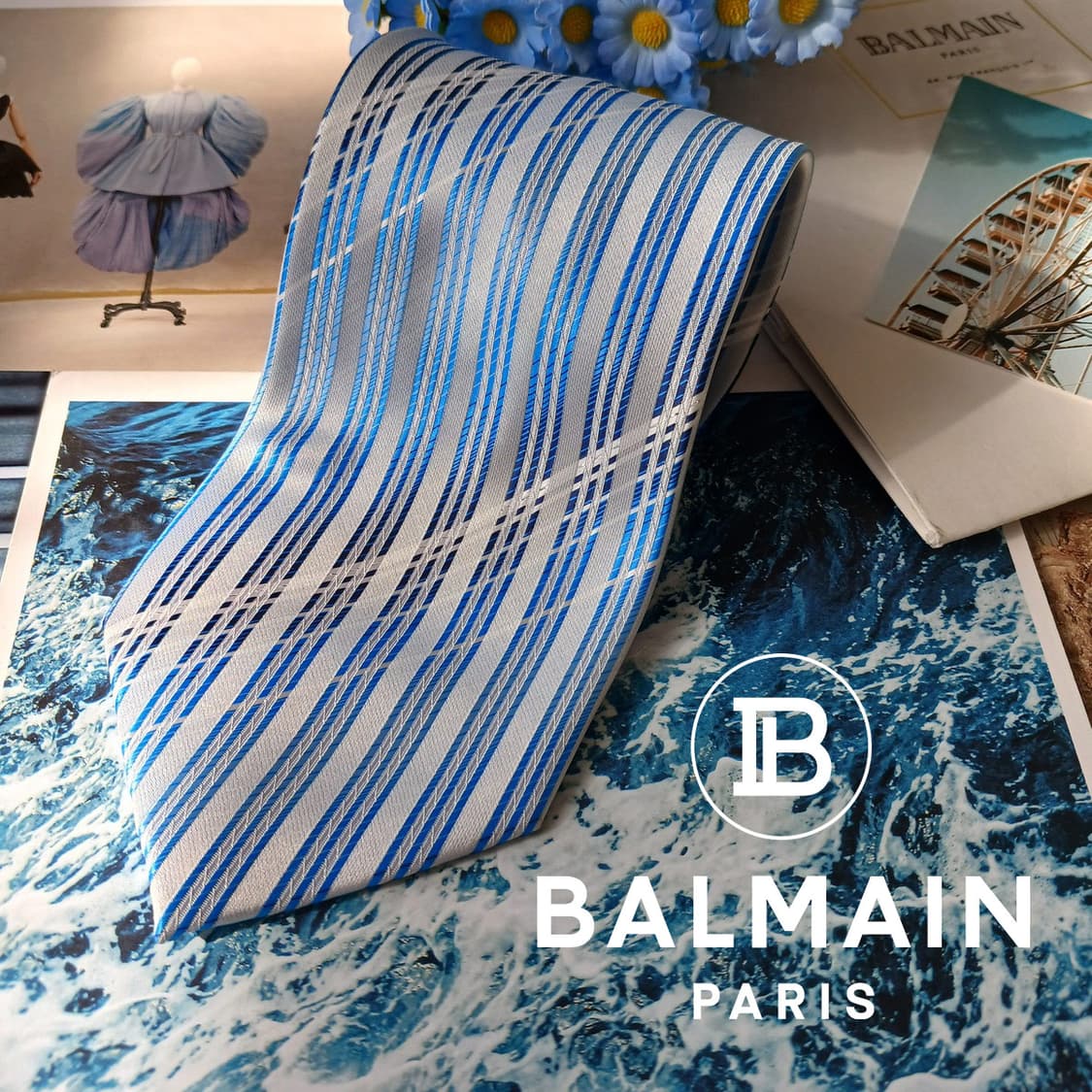 피에르 발망 실크 블루 스트라이프 넥타이 9.1cm A+등급 A19701 상품이미지1