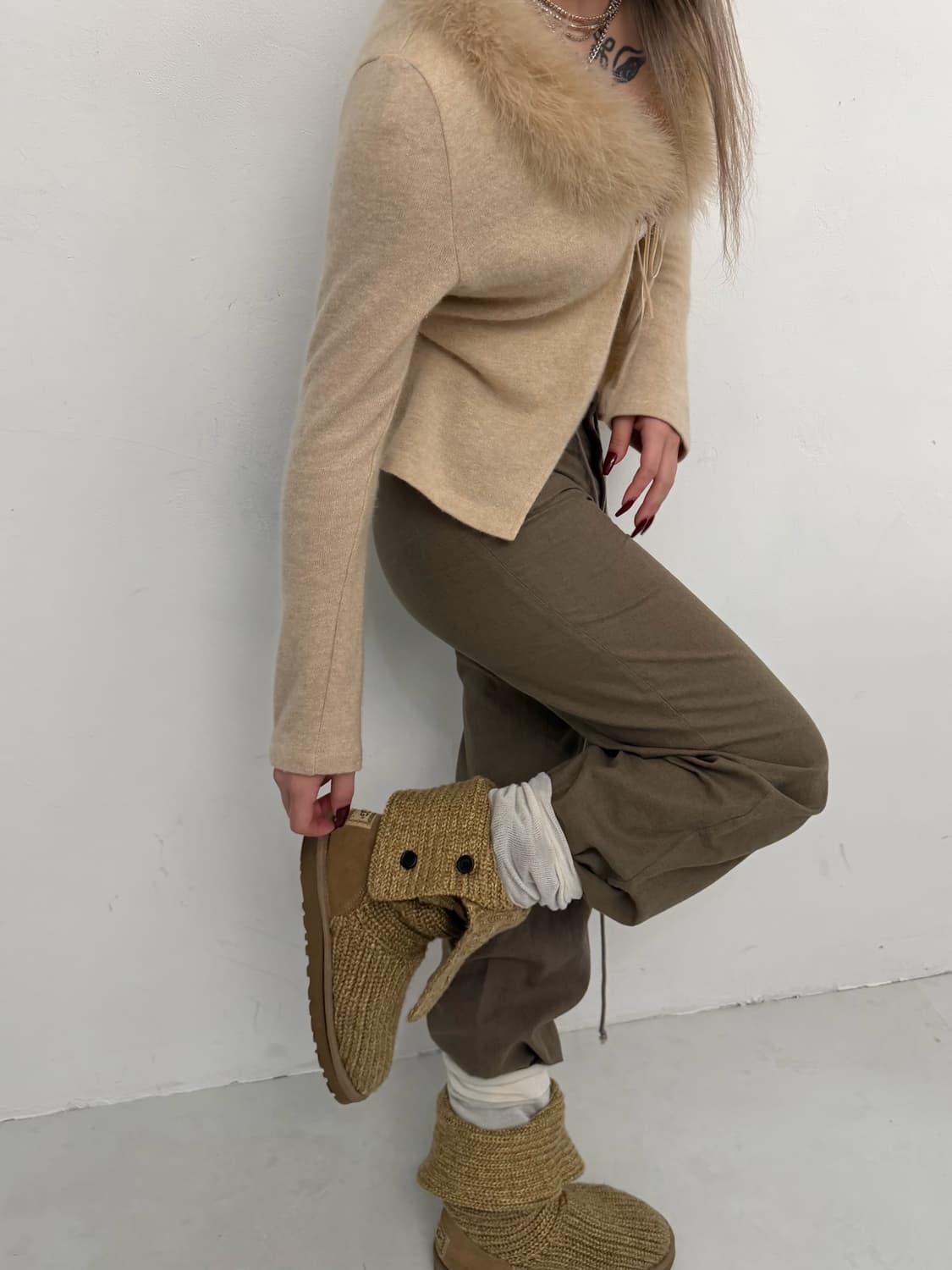 베이지 앙고라 퍼 카라 볼레로 상품이미지4