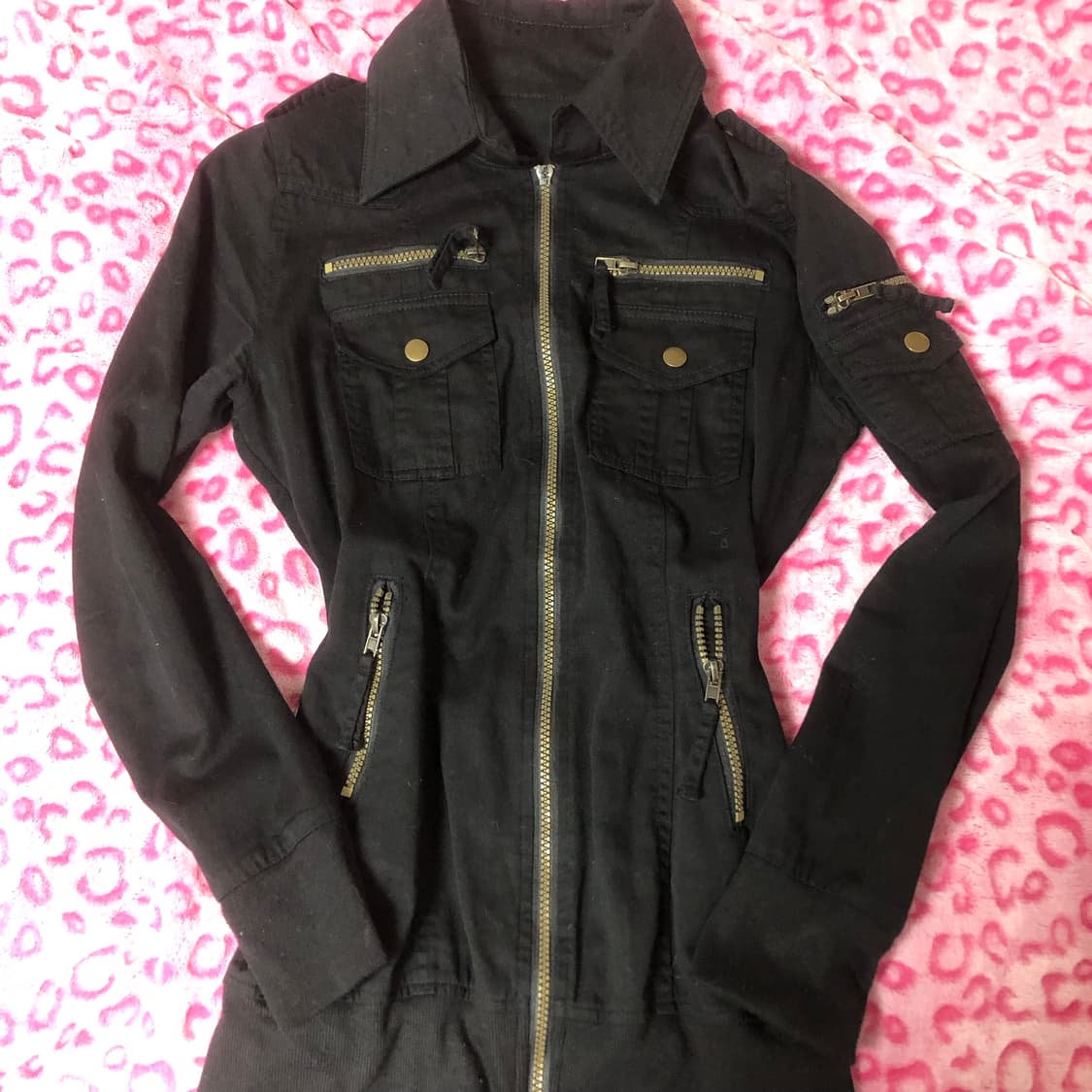 빈티지 펑크 블랙 딱붙 집업 미니 원피스 상품이미지2